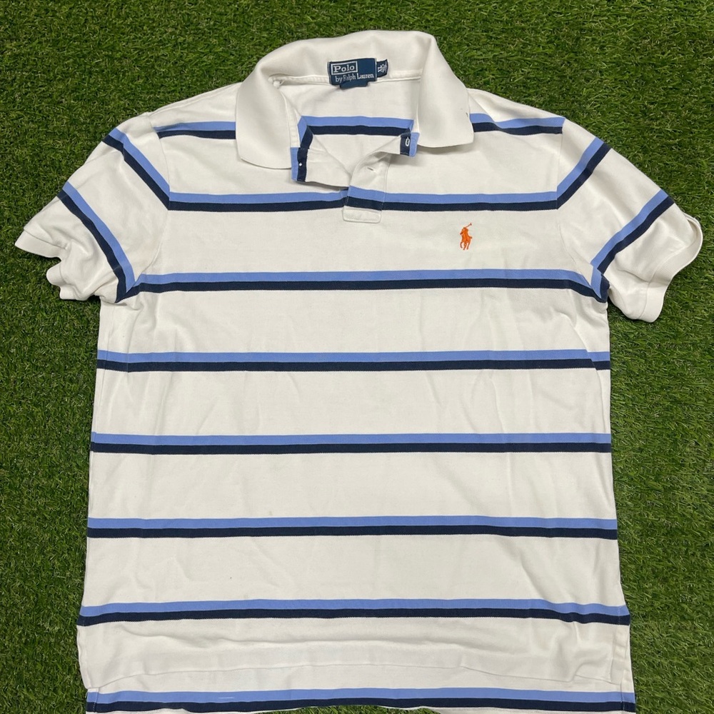 Polo by Ralph Lauren White and Blue Striped Polo Shirt XL